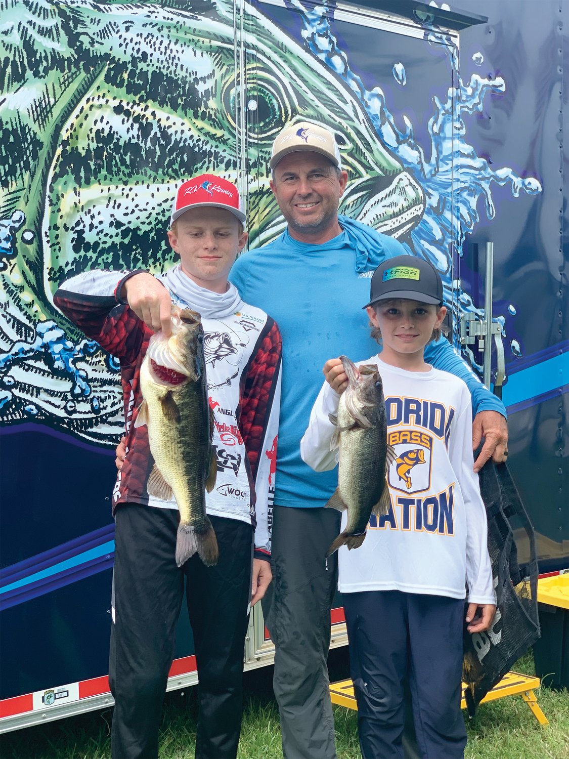 Jr Anglers Trevor Allen and Brody Allen punched their ticket to the 2021/2022 State Championship in June, 2022. Pictured is Boat Captain Brandon Allen and his sons Trevor and Brody.